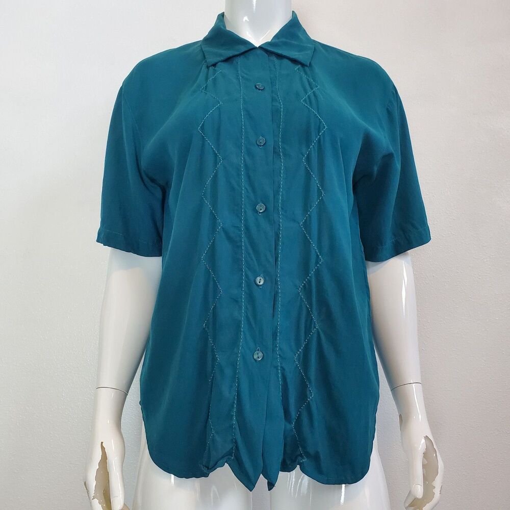 Vintage 80's Stunt Collections Teal Silk Button-Up Shirt